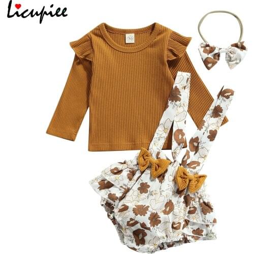 0-24 Months 3pcs Little Girls Outfit Sweet Style Solid Long Sleeve O-collar Tops + Floral Printing Suspender Shorts + Headwear