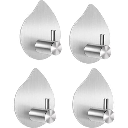 Adhesive Hooks Wall Hooks Bathroom Waterproof Stainless Steel Towels Hooks,For Coat Hat Robe,Waterdrop(Silver,4 Packs)