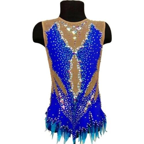New Design Girls Rhythmic Gymnastics Leotards Women Blue Spandex Rhinestones Competition Rhythmic Costumes Ice Skating