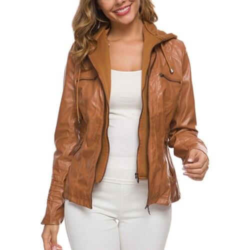 Fashion Women Autumn Faux Leather Long Sleeve Hooded Zipper Motorcycle Jacket