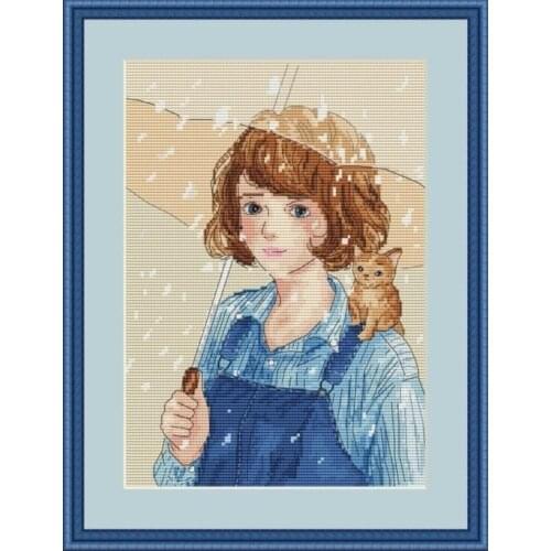 Girls kitty friend 28-36 Cross Stitch Set Cross-stitch Kit Embroidery Needlework Craft Packages Cotton Fabric Floss