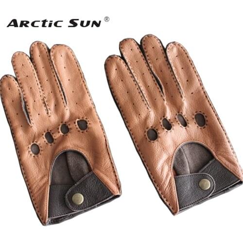 Mens Genuine Leather Gloves Male Breathable Fashion Classic Goatskin Unlined Thin Spring Summer Driving Mittens TB15