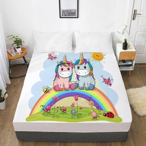 Rainbow Unicorn Cartoon Fitted Sheets Mattress Cover With Elastic Band 3D Bed Sheet For Children Kids Baby Girls Boys 135x200