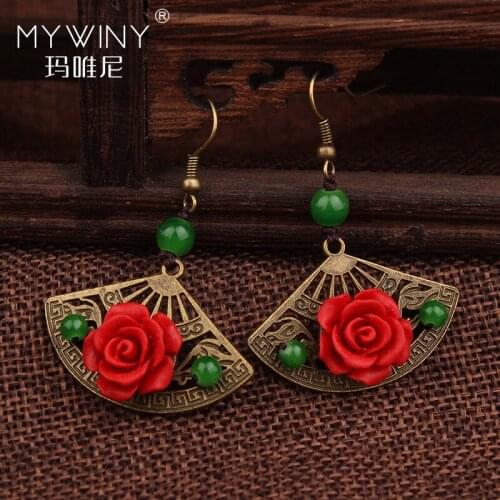 Bronze fan Lapis flowers ethnic earrings, Original handmade nature stones dangle earrings ,New Ethnic jewelry vintage earrings