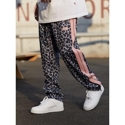 Gray Pink Leopard Print Casual Sports Pants Couples Hip Hop Loose Straight Pants Mens Pants