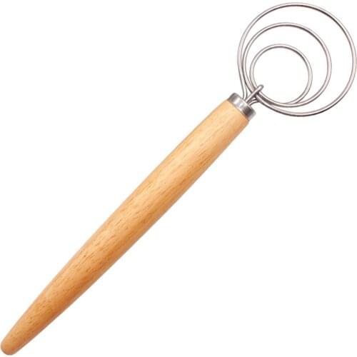 Coil Stirrer with Oak Handle Thick Stainless Steel Simple Design Sturdy Danish Dough Whisk Baking Pastry Tool