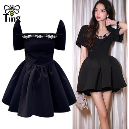 Tingfly Vintage Elegant Luxury Crystal Black Mini Short Party Night Dresses High Waist Ball Gowns Vestidos Zaful Robes Elbise Za