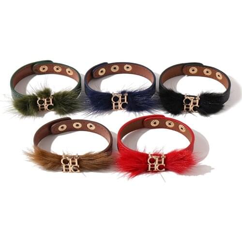 Titanium steel glossy gold CHC alloy letter fashion plush PU single bracelet for women