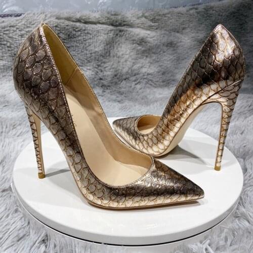 Golden Pointed Toe Shallow Pumps High Heels Women Thin Heel 12cm Genuine Leather Snakeskin Ladies Shoe Fashion Zapatos Mujer