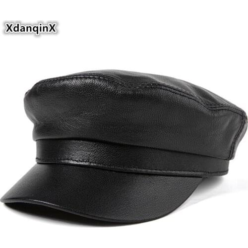 XdanqinX Genuine Leather Hat Elegant Ladies' Sheepskin Leather Cap Army Military Hat Mens Flat Cap New Autumn Couple Black Hats