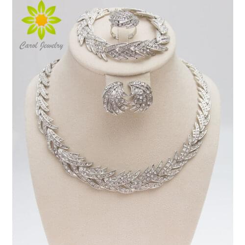 Free Shipping 2020 Leaves Shape Silver Plated Clear Crystal Jewelry Set New Fashion Wedding Bridal African Costume Jewelry Sets