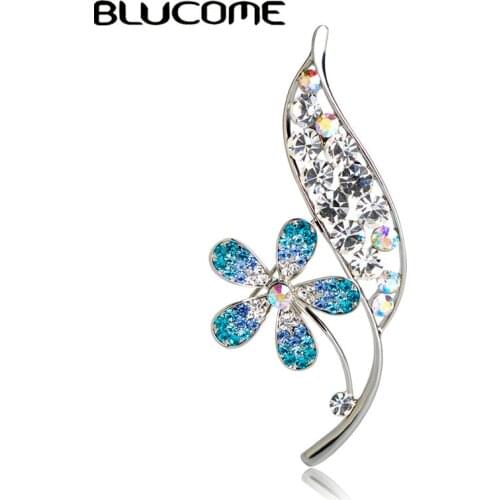 Blucome Fashion Shiny Rhinestone Flower Leaf Shape Brooches Alloy Women Collar Bag Hat Pins Clothes Banquet Wedding Accessories