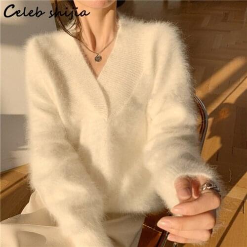 White V-neck Mink Cashmere Sweater Woman Autumn Winter 2021 Long-sleeve Knitting Jumper Female Fall New Soft Pullover Ladies