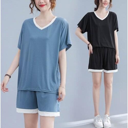 150Kg Plus size womens summer contrast V-neck shorts suit 6XL 7XL 8XL 9XL loose casual elastic waist two-piece suit