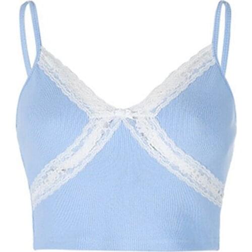 Lace Spaghetti Strap Top Sleeveless 90s Crop Top Tee Frill Sexy V-neck Cami Top Women Summer Streetwear