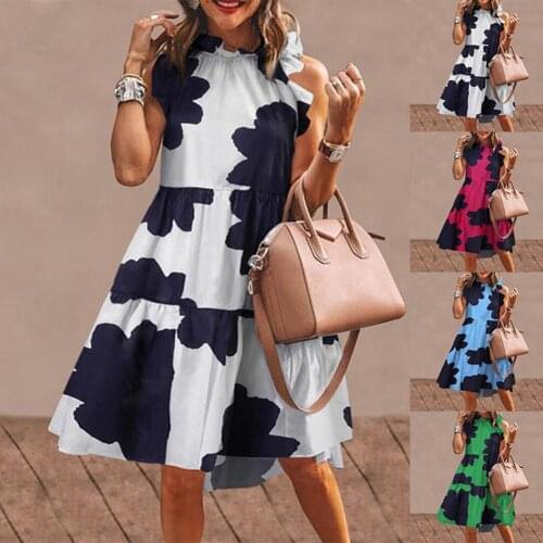 Women Midi Dress Chic Print Doll Collar Large Hem Sleeveless Dress Summer Beach Party Dresses Women Clothes vestido de mujer