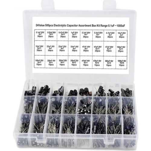 500Pcs/lot diy 0.1UF-1000UF 24Values Aluminum Electrolytic Capacitors 16-50V mix Electrolytic capacitor Assorted kit set box