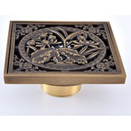Antique Brass Vintage Retro Carved Flower Pattern Bathroom Shower Drain 4" Square Floor Drain Waste Grates ahr080