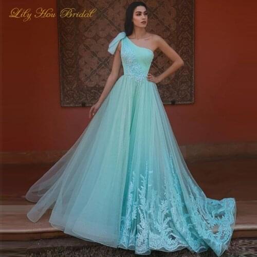 Asymmetrical Turquoise Tulle A Line Evening Dresses One Shoulder Sleeveless Lace Appliques Prom Party Gowns Custom Made