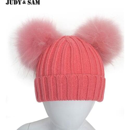 Judy&Sam Big Real Fur Pom Pom Hat for Boys and Girls Super Stylish Double Raccoon Fur Pompom Caps for Kids