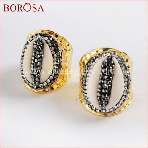 BOROSA Wholesale Druzy Jewelry Natural Shell Gold Color Rhinestone Pave Cowrie Shell Open Ring JAB936
