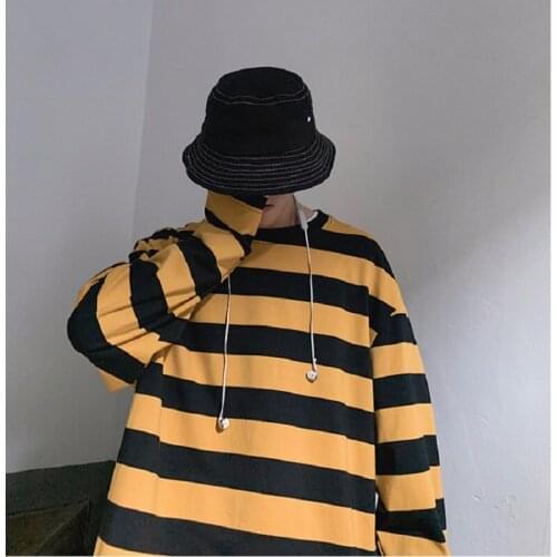 2021 New Autumn Long Sleeve Boys And Girls T-shirt Loose Casual Korean Medium Long Striped Top Hip Hop Harajuku Street Clothes