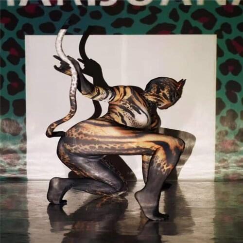 H141 Jumpsuit Ocelot Singer Pole Dancer Cat Demon High Elastic Stretched Catwalk Tight Cosplay Show Prom Performance Uniform Dj