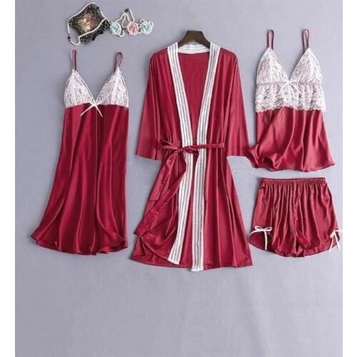 4 Pieces Sexy Pajamas Set Women Silk Satin Robe Lace Trim Bow Gown Dress Camisole Shorts Sleepwear Suit With Chest Pads