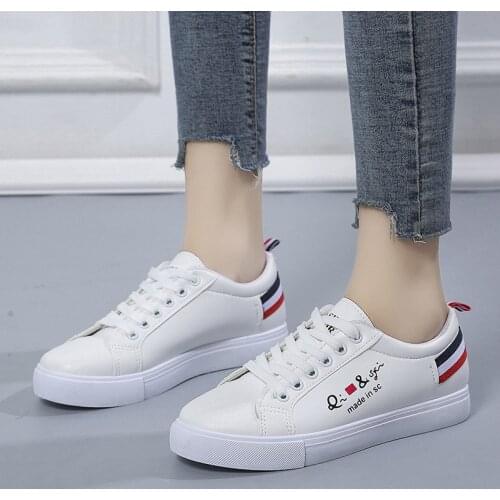 Womens Sneakers Flat Lace-Up Print White Shoe Shallow PU Female Vulcanized Shoes Leisure Concise Ladies Single Shoe Fashion New