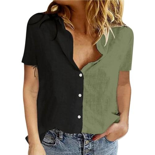 Fashion Womens Tops And Blouses Womens Casual Loose Color Blocking Lapel Short-sleeved Shirt Tops Blusas Mujer De Moda 2021