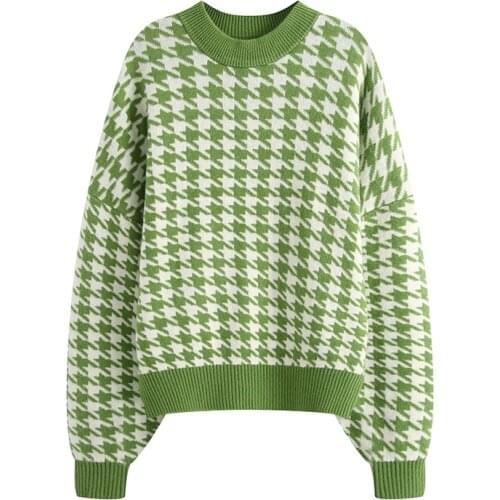2021 New Women Fashion Oversized Jumper Houndstooth Knitted Sweaters Vintage Long Sleeve Loose Female Pullovers Chic Tops