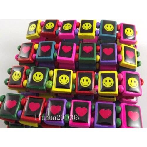 Wholesale 24 pcs Colored smiley elastic wooden bracelet Free shipping