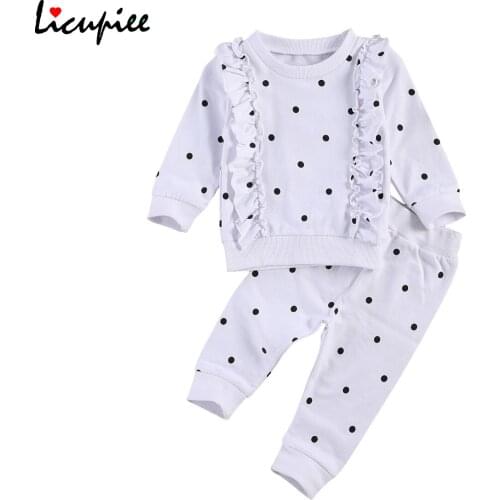0-24 Months New Autumn Baby Girls Boys Clothes Sets Polka Dot Print Ruffles Long Sleeve Pullover Tops Trousers Pants Set