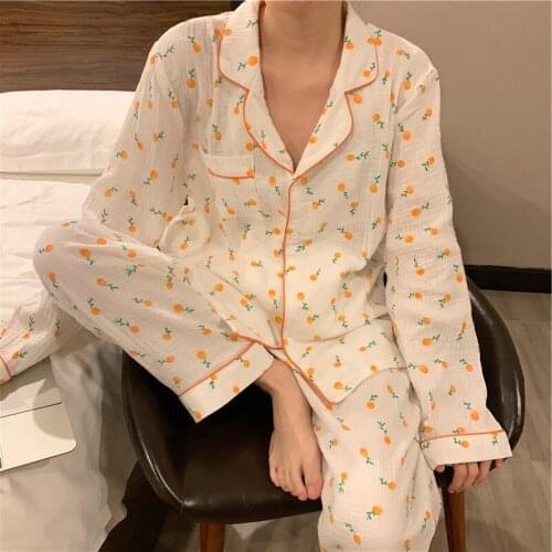Korean Loose Womens Pajamas Set Fresh Print Sleepwear New Spring Autumn Pyjamas Female Full Cotton Nightwear Pijamas Suit
