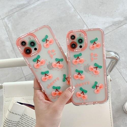 Japan lovely hand-painted Sweet Cherry Phone Case for iPhone11 12 ProMax XR XS 8 7Plus Korea ins Lens Protection Clear Cover