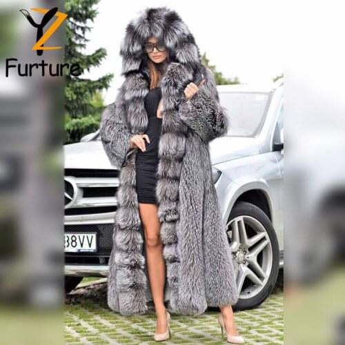 Luxury Real Silver Fox Fur Hooded Coat Women Winter Thick Whole Skin Fox Fur Floor Skirt Overcoats 160CM Long Warm Fur Outerwear