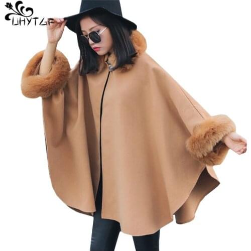 UHYTGF Korean Winter Woolen Coat For Women Fashion Imitation Fox Fur Collar Plus Size Jacket Cloak Shawl Vintage Elegant Top 381