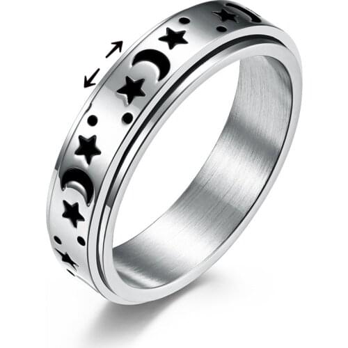 MIQIAO Stainless Steel Titanium Spinning Rotatable Moon Star Rings for Women Men Couple Wedding Lover Friends Gift Jewelry Bague