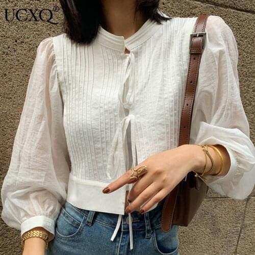 UCXQ Woman Shirt Solid Belt Puff Sleeve O Collar Casual Style 2021 Autumn Fashion Korean Short Length Lace Female 23XF796