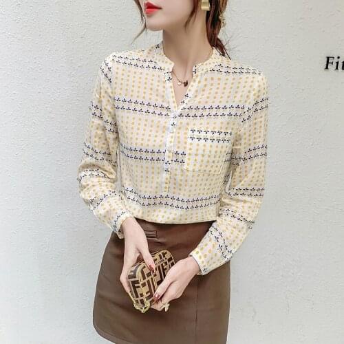 Spring Autumn Women Fashion Polka Dot Chiffon Shirt V-neck Pocket Long Sleeve Top Vintage Clothes