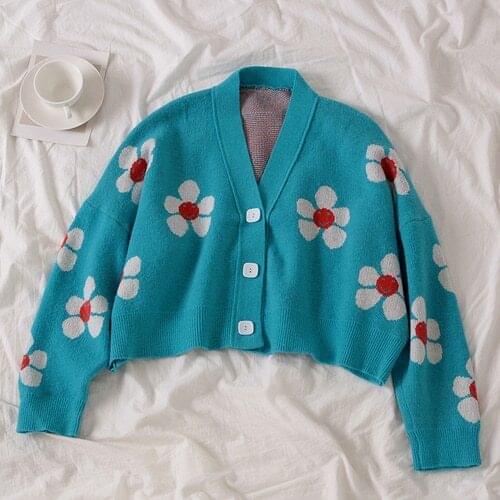 Cute Sweet Chic Sunflower Cropped Cardigan Women 2020 Winter Streetwear Harajuku Knitted Sweater Cardigan Women Tops