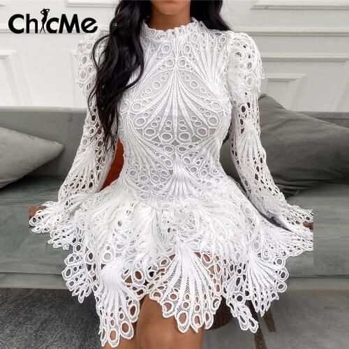 Chicme Solid Color Fashion Eyelet Embroidery Bell Sleeve Lace Dress 2021 Long Sleeved A Lime Mini Casual Daily Dresses