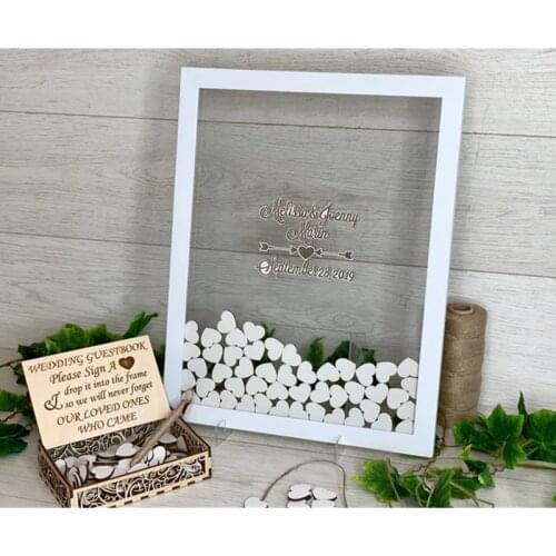 Customize white Guestbook frame 3D alternative drop top box heart wood wedding guest book ideas wishes box shadow box sign book