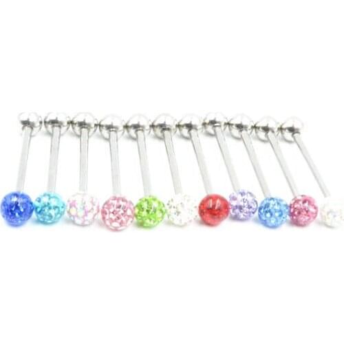 Free Shipping 50pcs Body Jewelry Piercing Full Gems Tongue Ring Barbells Nipple Shield Bar 14G~1.6mmx19mmx6mm Mix Nice Colors