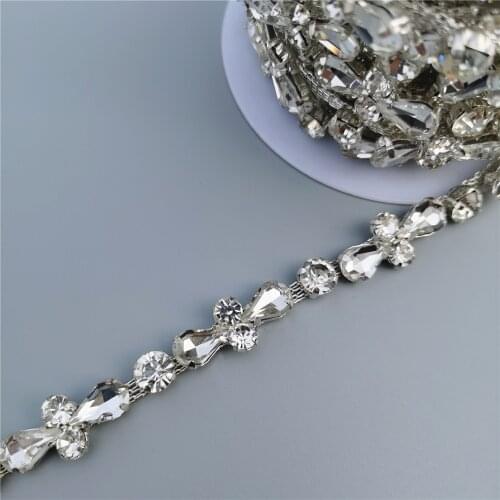 1 feet Rhinestone Crystal Chain Bling Diamante Lace Diamond Trim Ribbon Necklace Applique Gem Sparkle Wedding Dress 0.47" Width