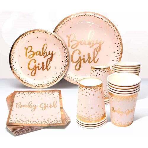 Birthday Party Bronzing Paper Plate Cup Stripe Straw Baby Girl Disposable TablewareTablecloth Baby Shower Party Decor KSH20