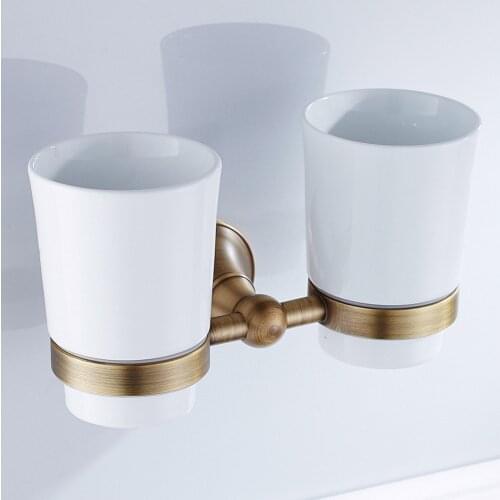 Leyden Toothbrush Holder With Double Ceramic Cups Pure Antique Brass Bathroom Toothbrush Holder Set Bathroom Accessories