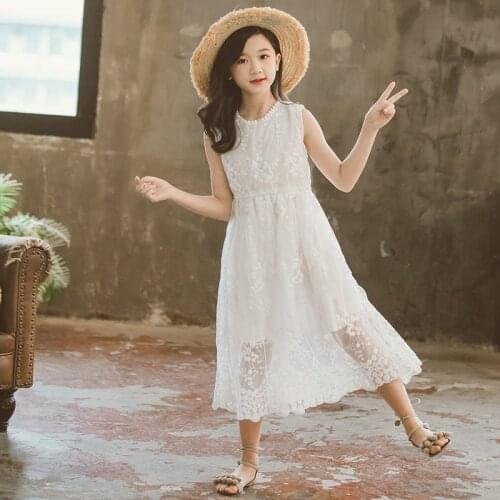 3-12Y Teens Kids Dresses for Girls Princess White Embroidery Lace Mesh Dress