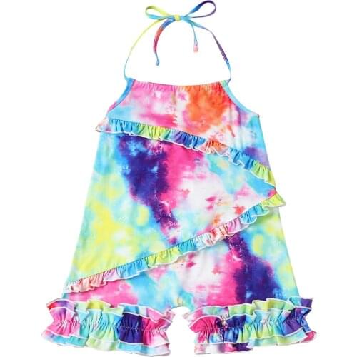 Kids Jumpsuit Girls Tie-Dyed Sleeveless Strappy Romper Playsuits for Summer Clothing