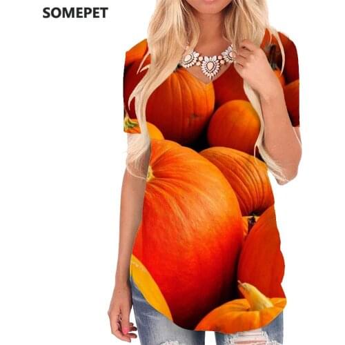 SOMEPET Pumpkin T Shirt Women Halloween Funny T shirts Yellow V-neck Tshirt Harajuku Tshirts Printed Womens Clothing Fashion